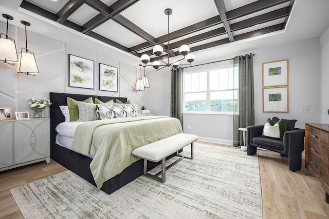 1341 Lumpini St, Saint Cloud, FL 34771 - bedroom with a chandelier, light wood-style floors, coffered ceiling, beamed ceiling, and baseboards
