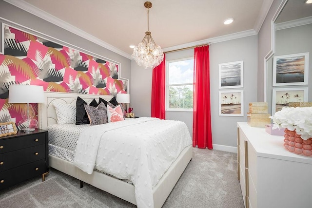 1341 Lumpini St, Saint Cloud, FL 34771 - carpeted bedroom featuring a chandelier, baseboards, crown molding, and recessed lighting