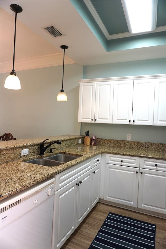 1320 NW 3rd Ave Unit 238, Gainesville, FL 32603 - kitchen featuring white dishwasher, a sink, ornamental molding, white cabinets, and dark wood finished floors