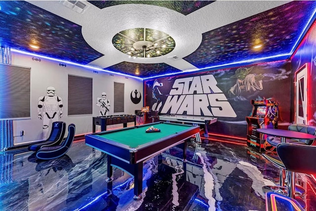 4161 Paragraph Dr, Kissimmee, FL 34746 - game room with a textured ceiling, marble finish flooring, billiards, and a tray ceiling