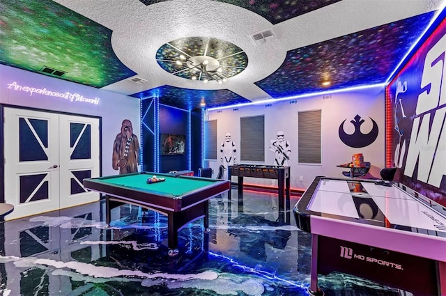 4161 Paragraph Dr, Kissimmee, FL 34746 - rec room with a textured ceiling, marble tiled flooring, pool table, and a raised ceiling