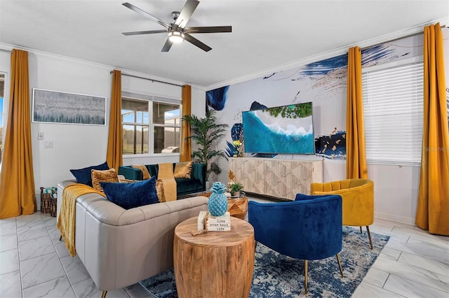 4161 Paragraph Dr, Kissimmee, FL 34746 - living room with marble finish flooring, ornamental molding, and a ceiling fan