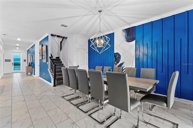 4161 Paragraph Dr, Kissimmee, FL 34746 - dining room with a chandelier, stairway, ornamental molding, marble look tiles, and baseboards