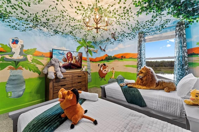 4161 Paragraph Dr, Kissimmee, FL 34746 - carpeted bedroom featuring a chandelier and baseboards