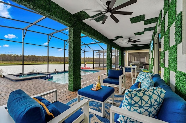 4161 Paragraph Dr, Kissimmee, FL 34746 - view of patio with a ceiling fan, a pool with connected hot tub, an outdoor hangout area, a water view, and a lanai