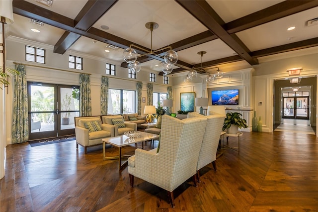 1809 Tropical Palms Cir, Kissimmee, FL 34747 - living area featuring french doors, coffered ceiling, beam ceiling, a chandelier, and recessed lighting