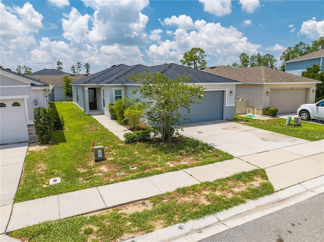 236 Miles Ct, Davenport, FL 33837 - ranch-style house featuring stucco siding, an attached garage, driveway, a front lawn, and a shingled roof