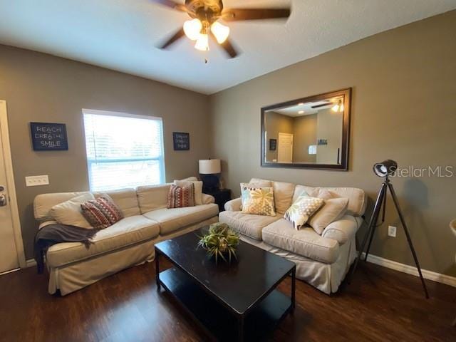 5370 Diplomat Ct Unit 107, Kissimmee, FL 34746 - living room featuring ceiling fan, wood finished floors, and baseboards