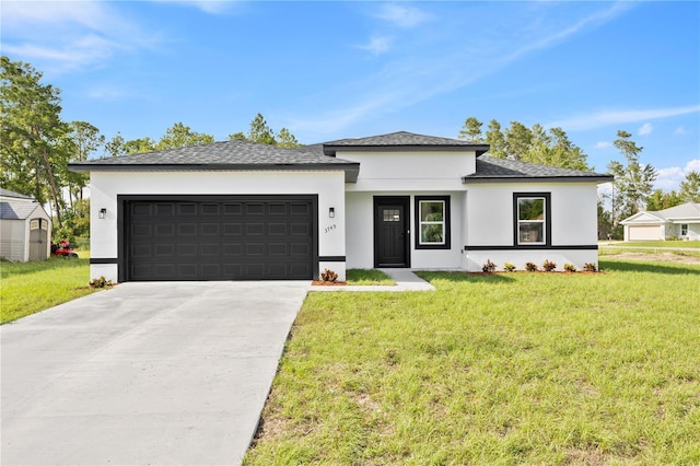3749 SW 131st St, Ocala, FL 34473 - prairie-style home with a garage, stucco siding, driveway, a front yard, and roof with shingles