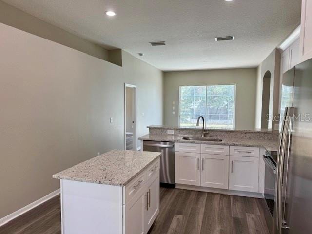 307 Dalton Ct, Davenport, FL 33897 - kitchen featuring a sink, stainless steel appliances, dark wood-type flooring, a peninsula, and white cabinetry