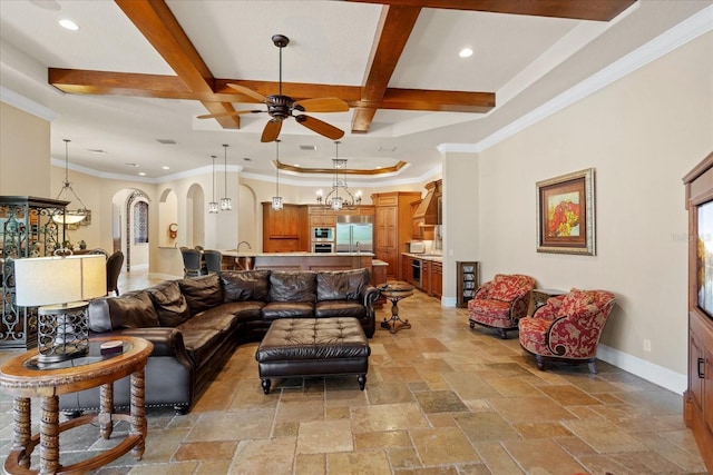9253 Tibet Pointe Cir, Windermere, FL 34786 - living room featuring baseboards, a ceiling fan, recessed lighting, arched walkways, and coffered ceiling