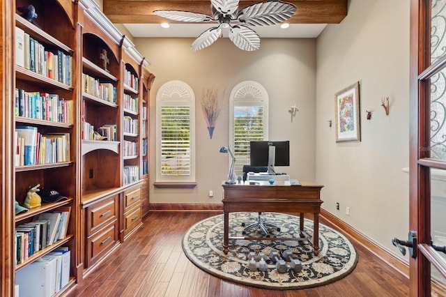 9253 Tibet Pointe Cir, Windermere, FL 34786 - office space featuring ceiling fan, dark wood-style floors, and baseboards
