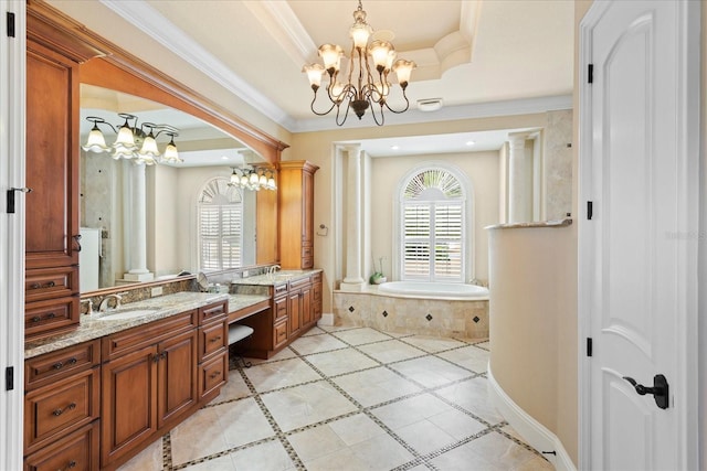 9253 Tibet Pointe Cir, Windermere, FL 34786 - bathroom with a chandelier, vanity, a garden tub, healthy amount of natural light, and crown molding