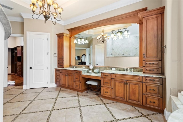 9253 Tibet Pointe Cir, Windermere, FL 34786 - full bathroom featuring a chandelier, double vanity, crown molding, and baseboards