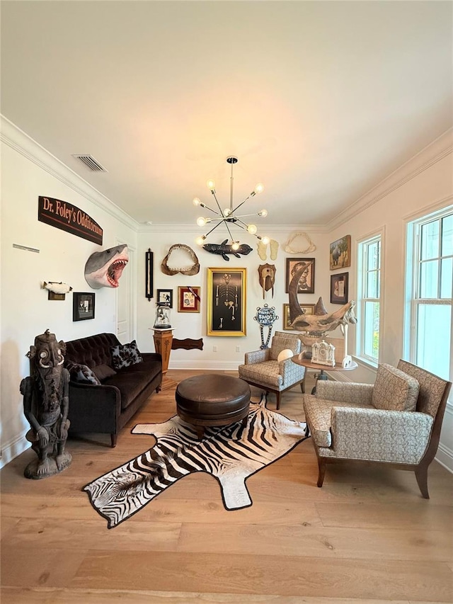 4309 W Beachway Dr, Tampa, FL 33609 - living room featuring a chandelier, ornamental molding, wood finished floors, and baseboards