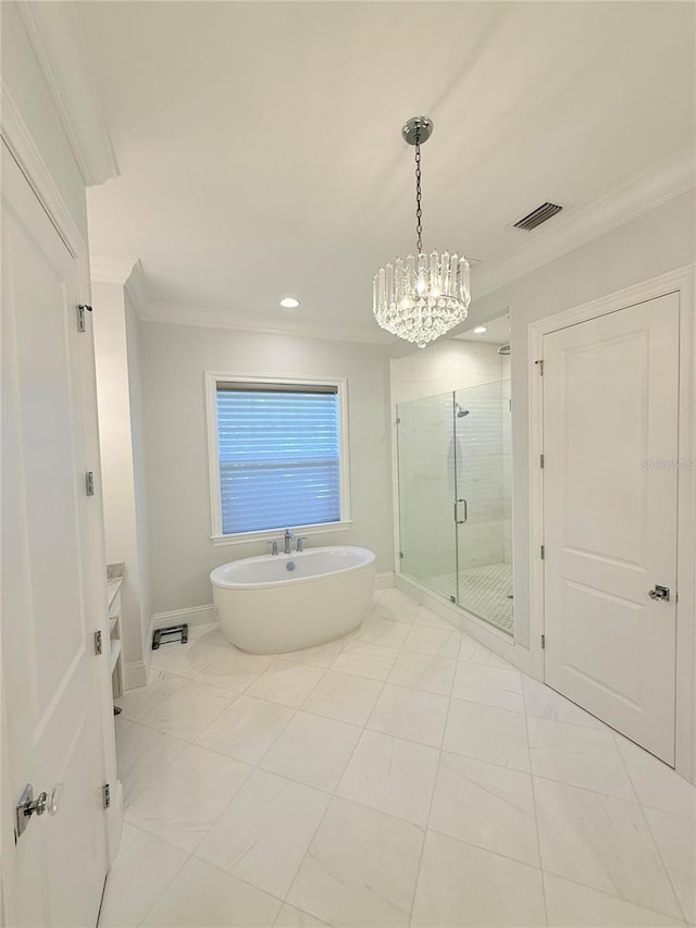 4309 W Beachway Dr, Tampa, FL 33609 - bathroom featuring crown molding, a stall shower, a chandelier, a freestanding tub, and baseboards
