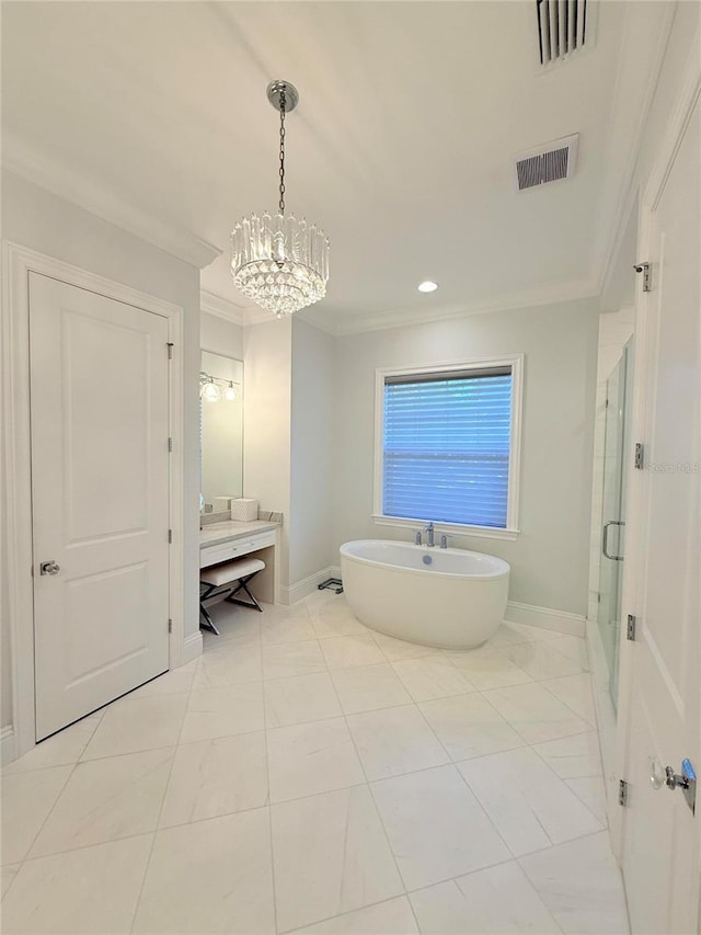 4309 W Beachway Dr, Tampa, FL 33609 - bathroom with crown molding, vanity, a freestanding bath, a chandelier, and baseboards