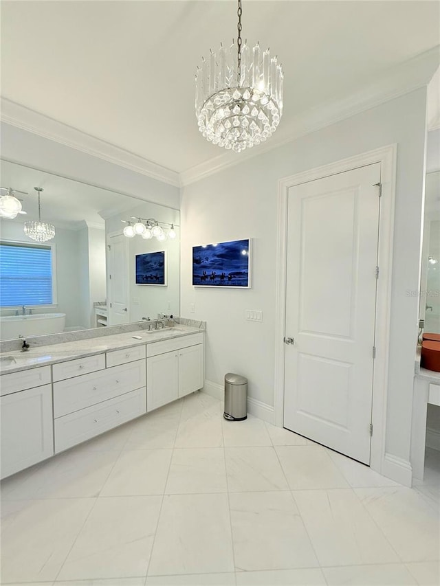 4309 W Beachway Dr, Tampa, FL 33609 - bathroom featuring a chandelier, crown molding, double vanity, and baseboards