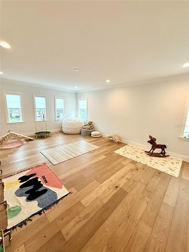 4309 W Beachway Dr, Tampa, FL 33609 - workout room with ornamental molding, plenty of natural light, wood-type flooring, baseboards, and recessed lighting