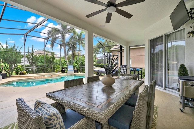 1932 Reed Hill Dr, Windermere, FL 34786 - view of patio featuring a ceiling fan, a lanai, a pool with connected hot tub, and outdoor dining space