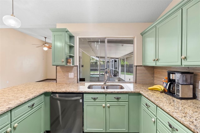 6906 Sawmill Blvd, Ocoee, FL 34761 - kitchen featuring dishwasher, a sink, decorative backsplash, and a ceiling fan