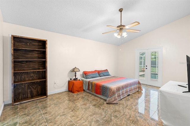 6906 Sawmill Blvd, Ocoee, FL 34761 - bedroom with access to outside, french doors, vaulted ceiling, a ceiling fan, and baseboards