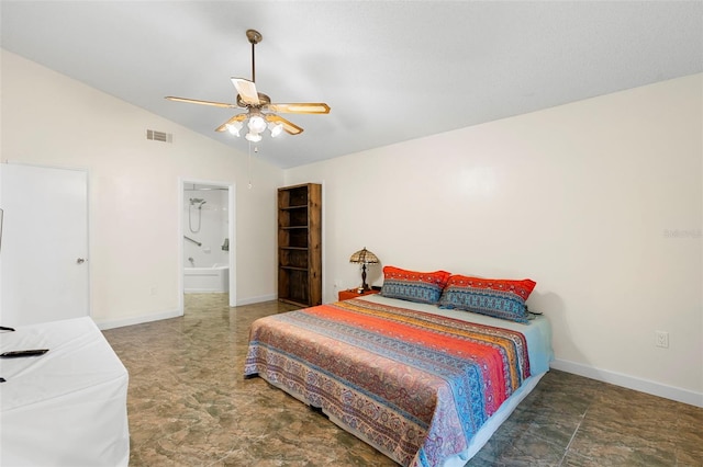 6906 Sawmill Blvd, Ocoee, FL 34761 - bedroom featuring lofted ceiling, baseboards, a ceiling fan, and ensuite bath
