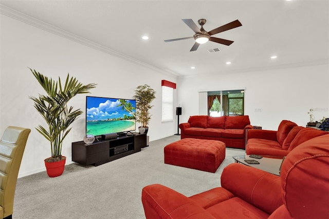 804 Glen Creek Ct, Fruitland Park, FL 34731 - living area featuring carpet flooring, recessed lighting, a ceiling fan, crown molding, and baseboards