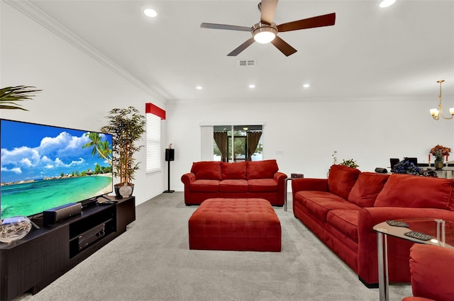 804 Glen Creek Ct, Fruitland Park, FL 34731 - living room with ornamental molding, carpet floors, a chandelier, a ceiling fan, and recessed lighting