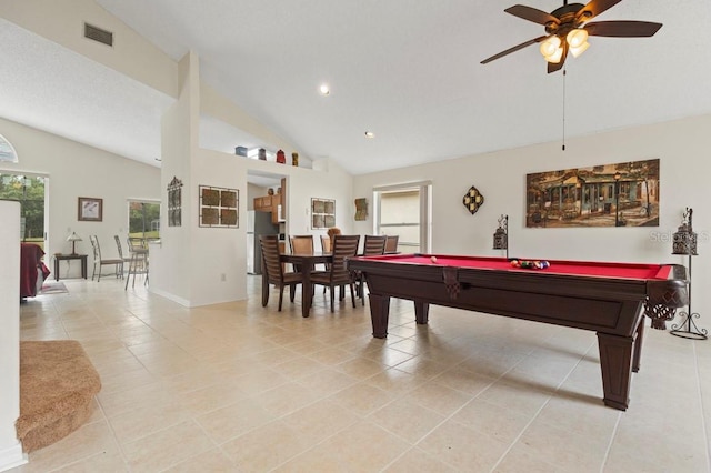 3018 Bransbury Ct, Kissimmee, FL 34747 - rec room featuring vaulted ceiling, healthy amount of natural light, pool table, light tile patterned floors, and a ceiling fan