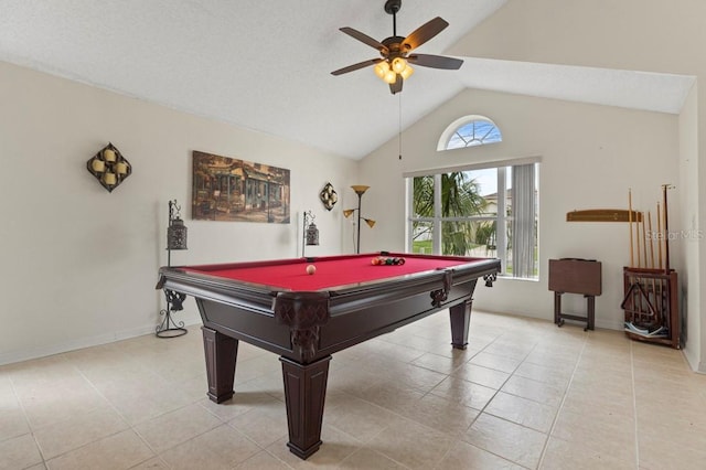 3018 Bransbury Ct, Kissimmee, FL 34747 - playroom featuring vaulted ceiling, ceiling fan, pool table, light tile patterned floors, and baseboards
