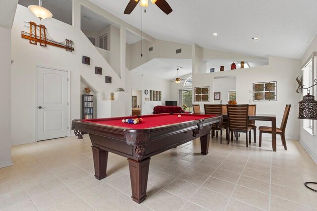 3018 Bransbury Ct, Kissimmee, FL 34747 - game room featuring ceiling fan, billiards, light tile patterned floors, baseboards, and high vaulted ceiling
