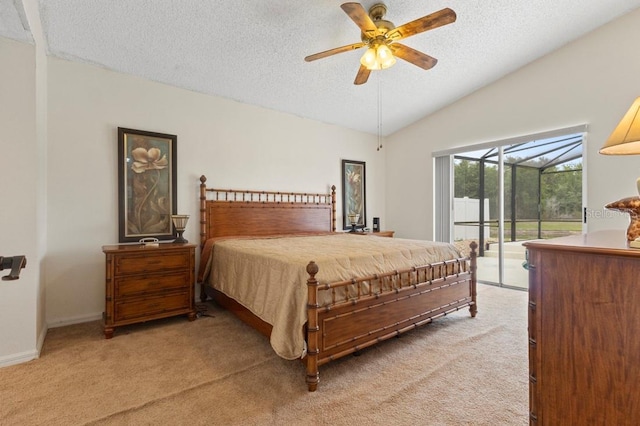 3018 Bransbury Ct, Kissimmee, FL 34747 - bedroom with access to exterior, light carpet, a textured ceiling, vaulted ceiling, and a ceiling fan
