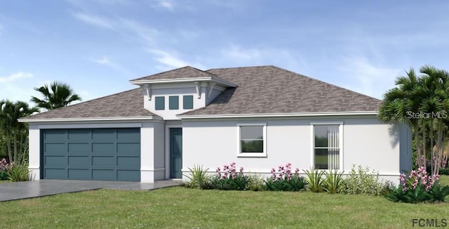 7 Felwood Ln, Palm Coast, FL 32137 - view of front of house featuring a garage, a shingled roof, concrete driveway, a front yard, and stucco siding