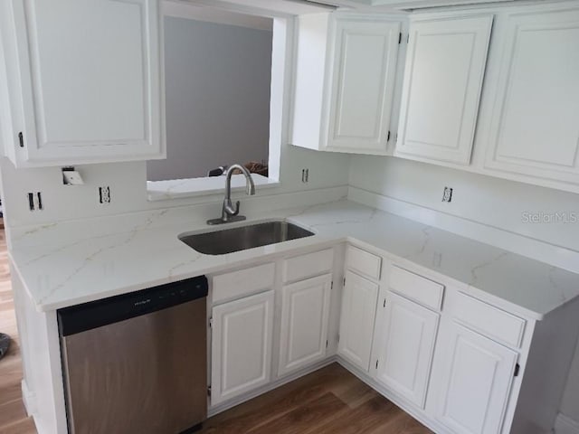 2181 Wekiwa Oaks Dr, Apopka, FL 32703 - kitchen featuring dishwasher, a sink, white cabinets, and dark wood-style floors