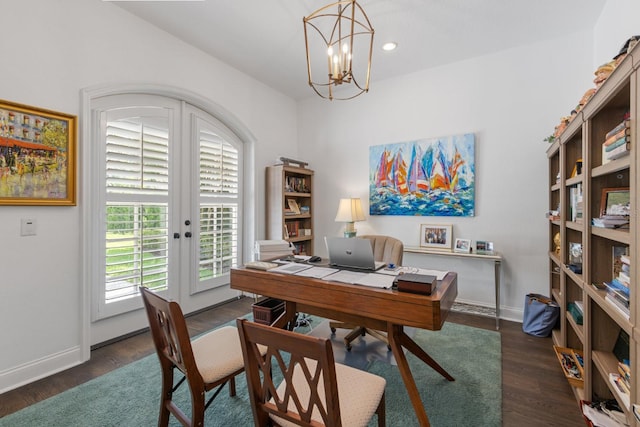 11018 Lake Butler Blvd, Windermere, FL 34786 - home office with a chandelier, french doors, baseboards, wood finished floors, and recessed lighting