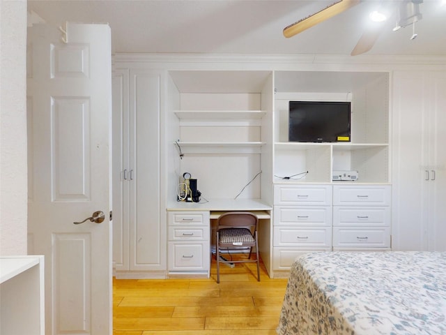 720 Meadow St, Sanford, FL 32773 - bedroom with light wood-style floors, a desk, a ceiling fan, and crown molding