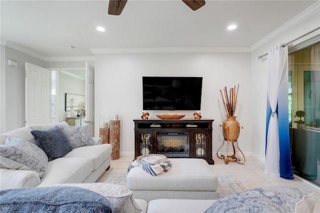 217 Lake Cassidy Dr, Kissimmee, FL 34759 - tiled living area with ceiling fan, ornamental molding, recessed lighting, and baseboards