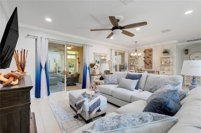 217 Lake Cassidy Dr, Kissimmee, FL 34759 - living area with a ceiling fan, a chandelier, light tile patterned flooring, ornamental molding, and recessed lighting