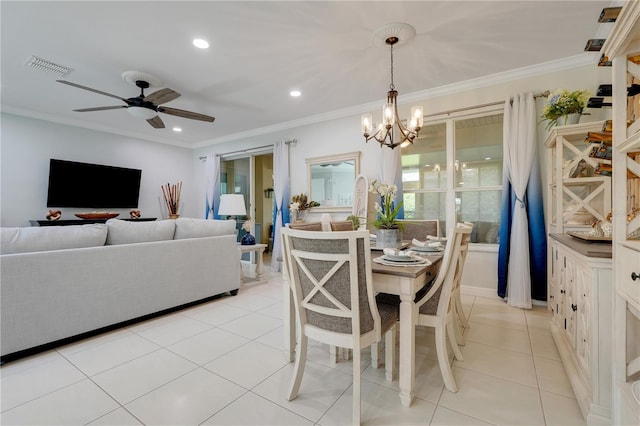 217 Lake Cassidy Dr, Kissimmee, FL 34759 - dining space featuring a chandelier, crown molding, a ceiling fan, light tile patterned flooring, and recessed lighting
