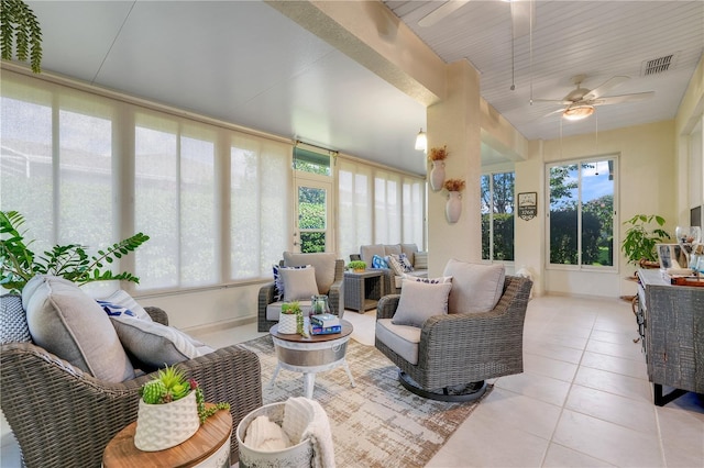 217 Lake Cassidy Dr, Kissimmee, FL 34759 - sunroom with a ceiling fan, an outdoor living space, tile patterned floors, and baseboards