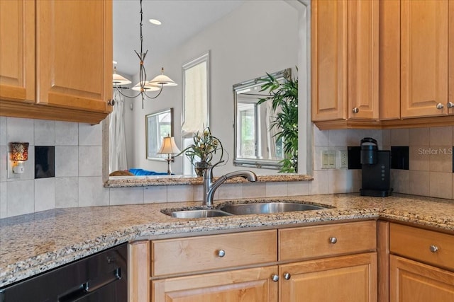 206 Islandia Ct Unit U206, Satellite Beach, FL 32937 - kitchen featuring a sink, decorative backsplash, dishwasher, light stone counters, and decorative light fixtures