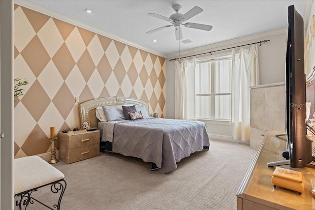 206 Islandia Ct Unit U206, Satellite Beach, FL 32937 - bedroom with crown molding, wallpapered walls, light colored carpet, and ceiling fan