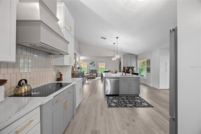 1301 Johns Cove Ln, Oakland, FL 34787 - kitchen with stainless steel appliances, premium range hood, tasteful backsplash, lofted ceiling, and open floor plan
