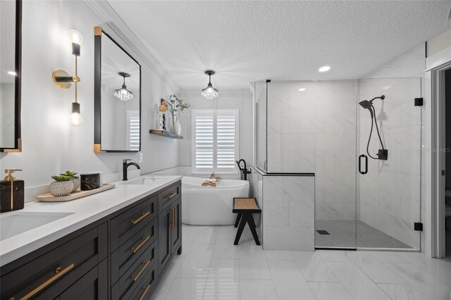 1301 Johns Cove Ln, Oakland, FL 34787 - full bath featuring a shower stall, a textured ceiling, a soaking tub, double vanity, and marble finish floors