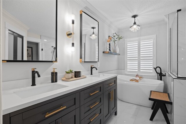 1301 Johns Cove Ln, Oakland, FL 34787 - bathroom with marble look tile flooring, double vanity, a soaking tub, crown molding, and a textured ceiling