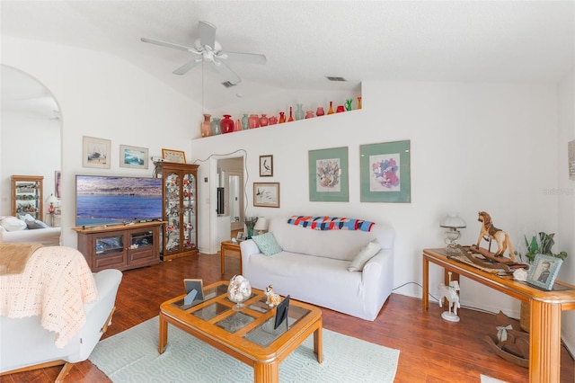 109 Hunter Point Ct, Debary, FL 32713 - living room featuring lofted ceiling, a ceiling fan, arched walkways, and wood finished floors