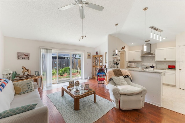 109 Hunter Point Ct, Debary, FL 32713 - living room with vaulted ceiling, wood finished floors, ceiling fan, and a textured ceiling