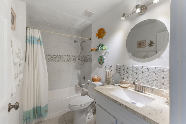 109 Hunter Point Ct, Debary, FL 32713 - full bathroom with shower / bathtub combination with curtain, vanity, toilet, tile patterned flooring, and tasteful backsplash