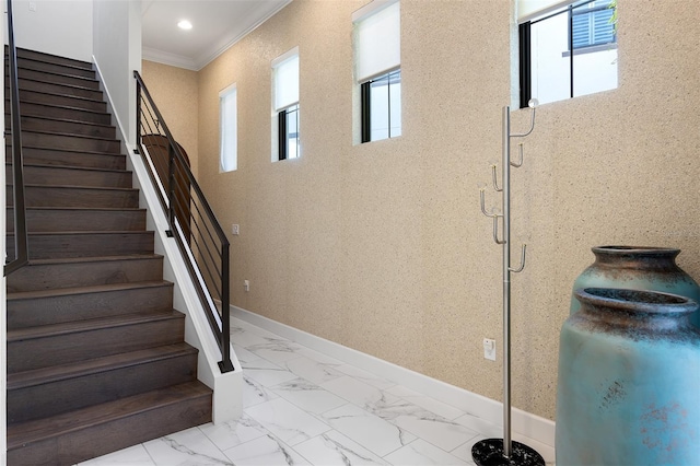 8113 Via Vittoria Way, Orlando, FL 32819 - staircase with crown molding, marble finish floors, baseboards, and recessed lighting
